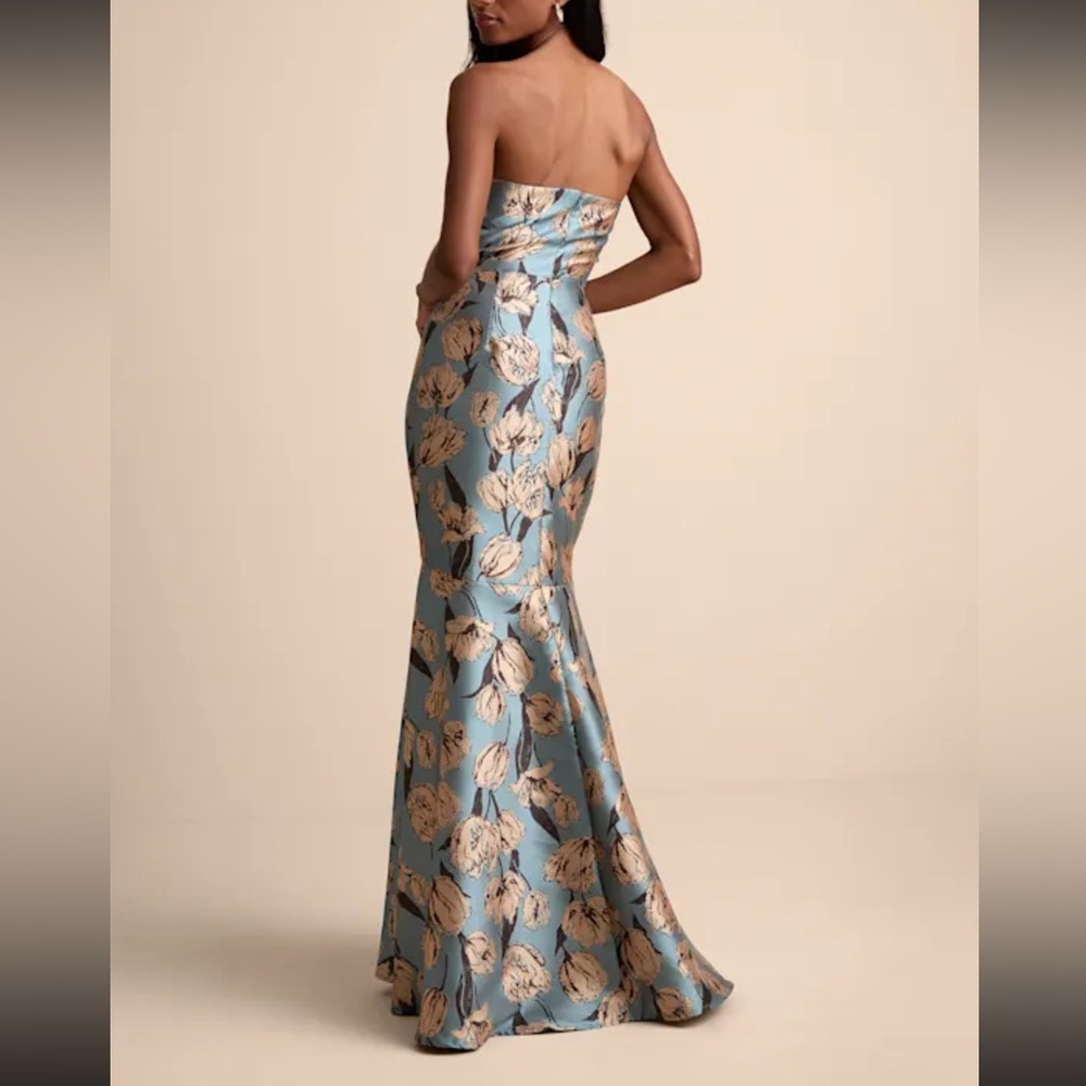 Gowning Around Slate Blue Floral Jacquard Strapless Maxi Dress - Picture 3 of 9